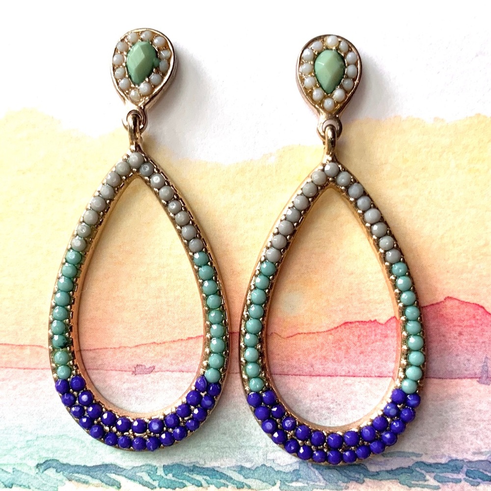 Ombré Aqua Blue Teardrop Chandelier Hoop Earrings